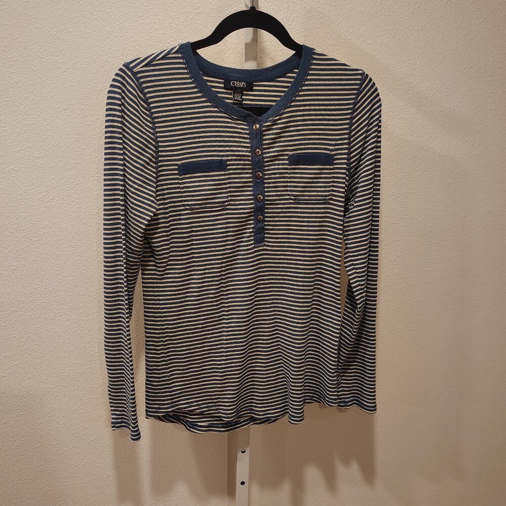 Chaps Women's Long Sleeve Striped Henley Top Size Large Navy Blue White Ribbed